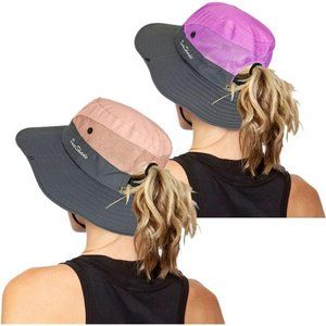 2 Pack Women's Outdoor UV Protection Sun Hats Mesh Beach Fishing Ponytail Hole